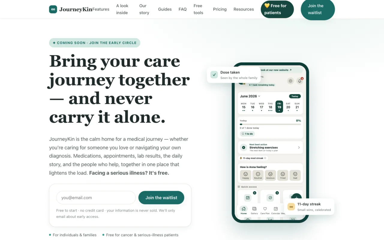 JourneyKin caregiving app homepage