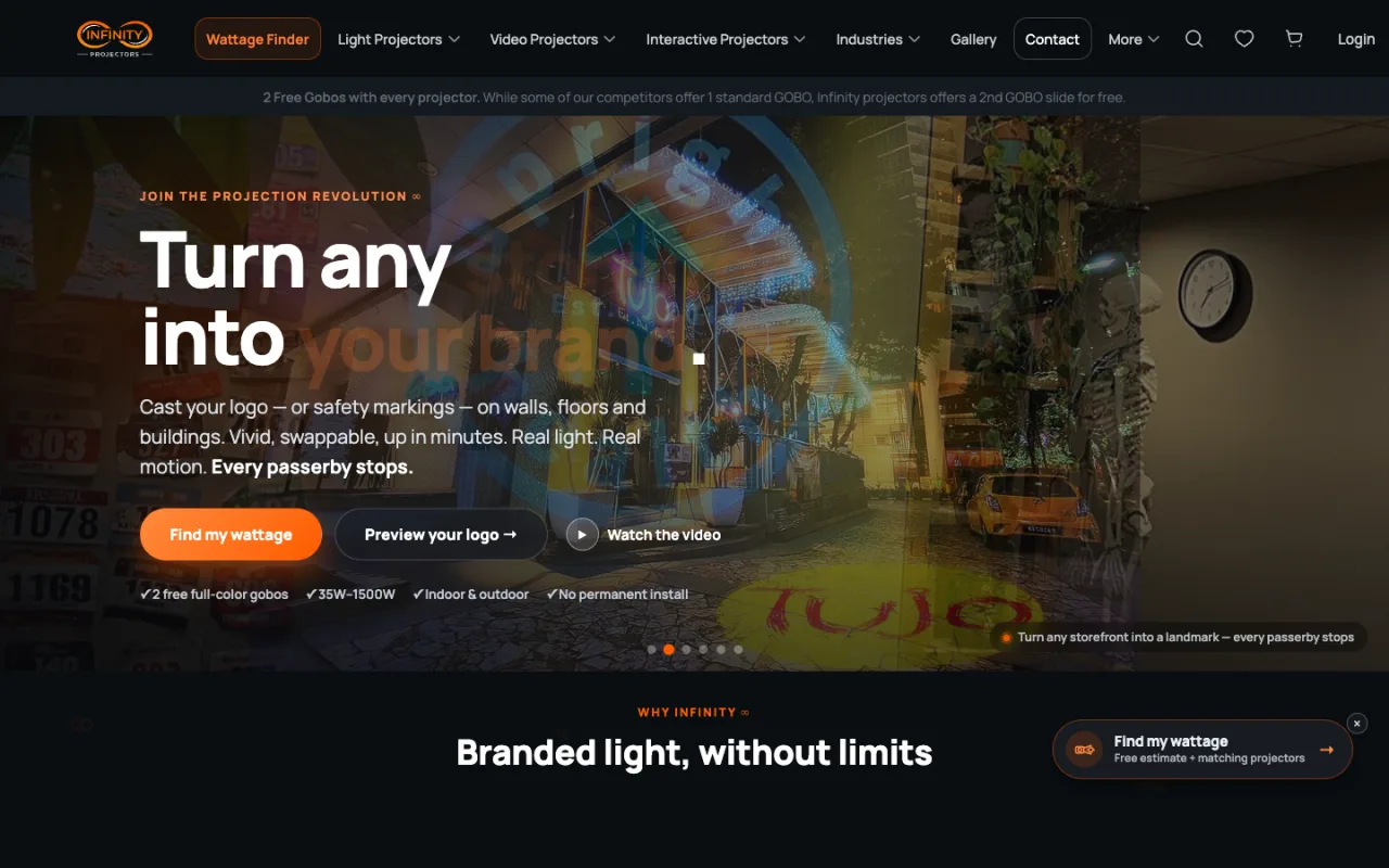 Infinity Projectors e-commerce storefront homepage
